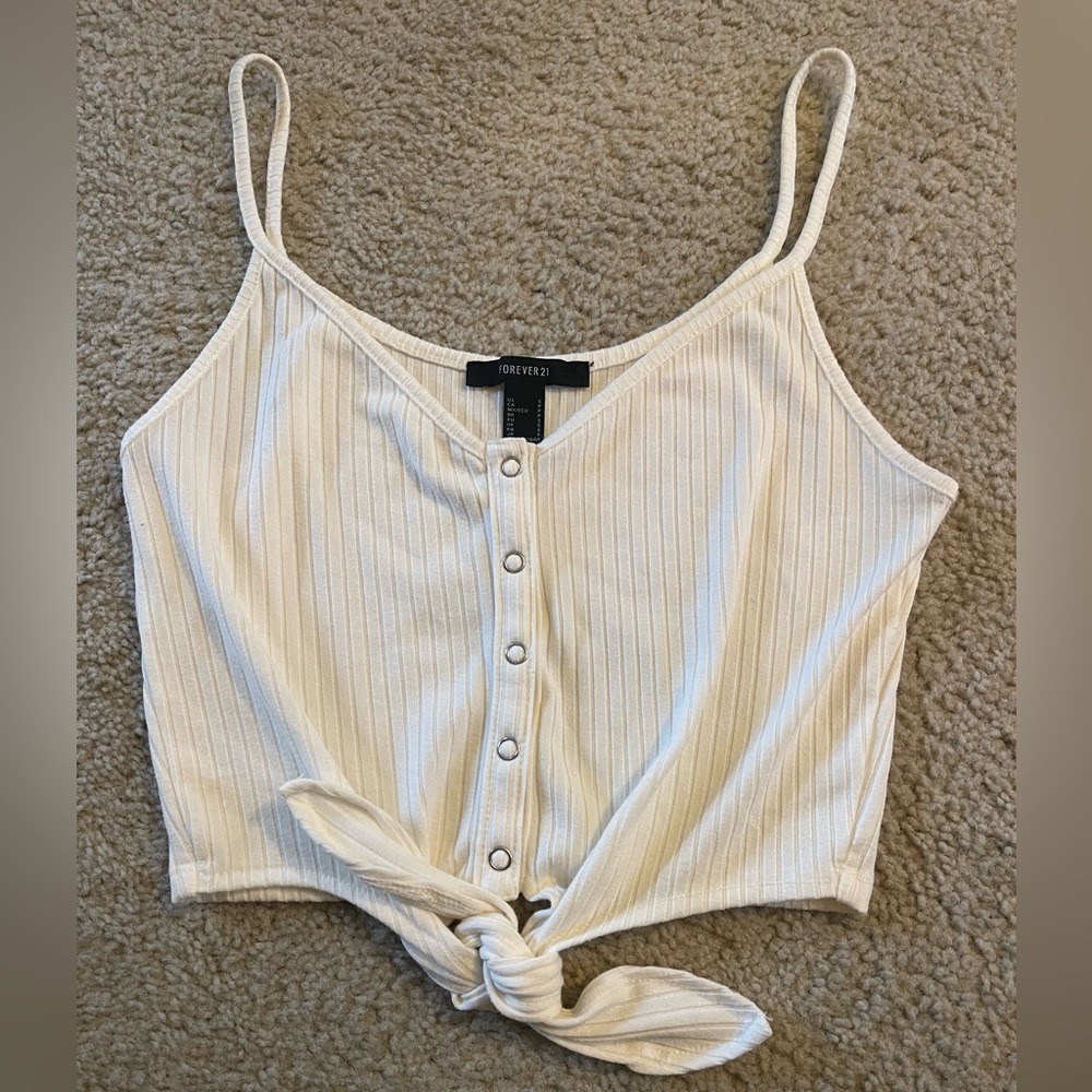 Button-Front Cropped White Tank Top
